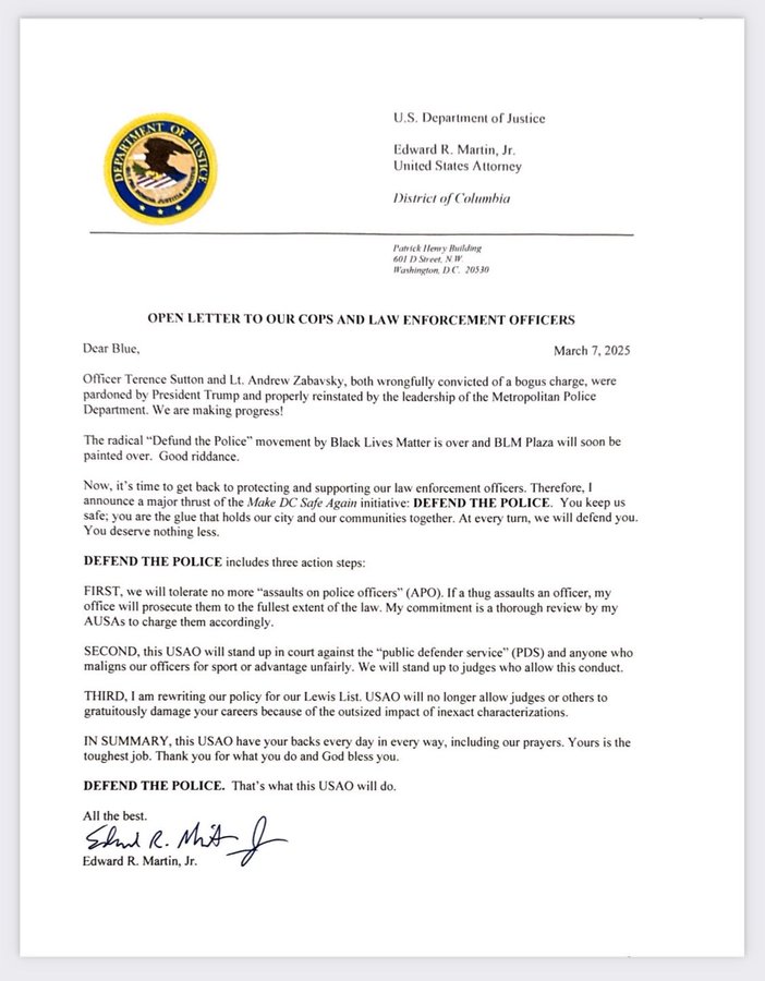 letter issued by U.S. Attorney Edward R. Martin Jr.