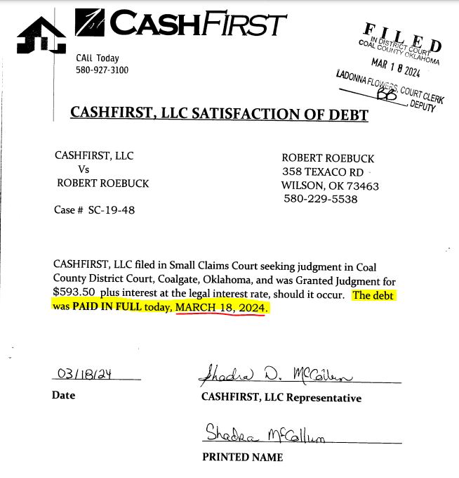 Page 1 of Notice of Satisfaction of Debt filed 03/18/2024.