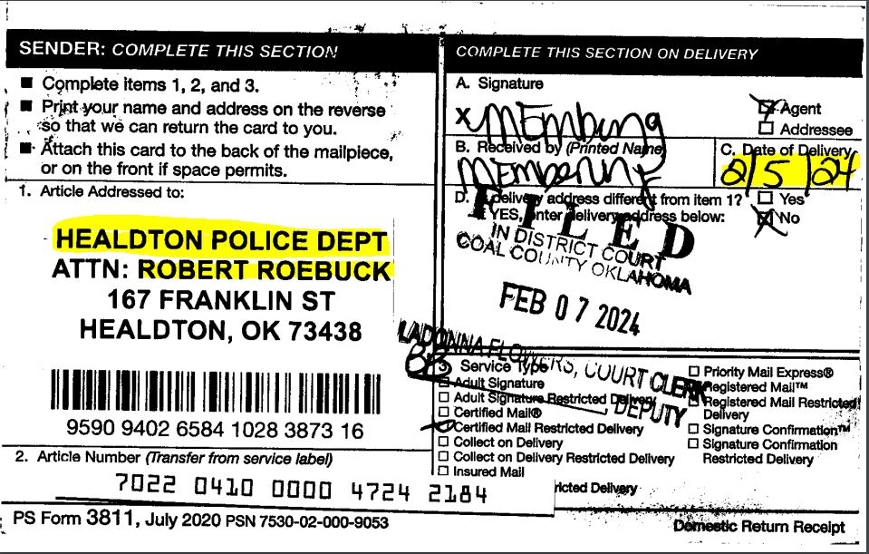 Screenshot Proof of Service 02/07/2024 [Green card]